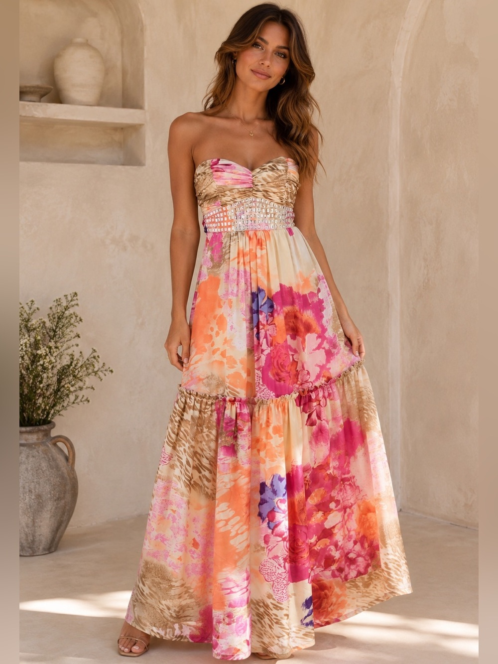 Arden B Strapless Floral Maxi Dress Pink, Orange, Cream Sequin Detail feminine
